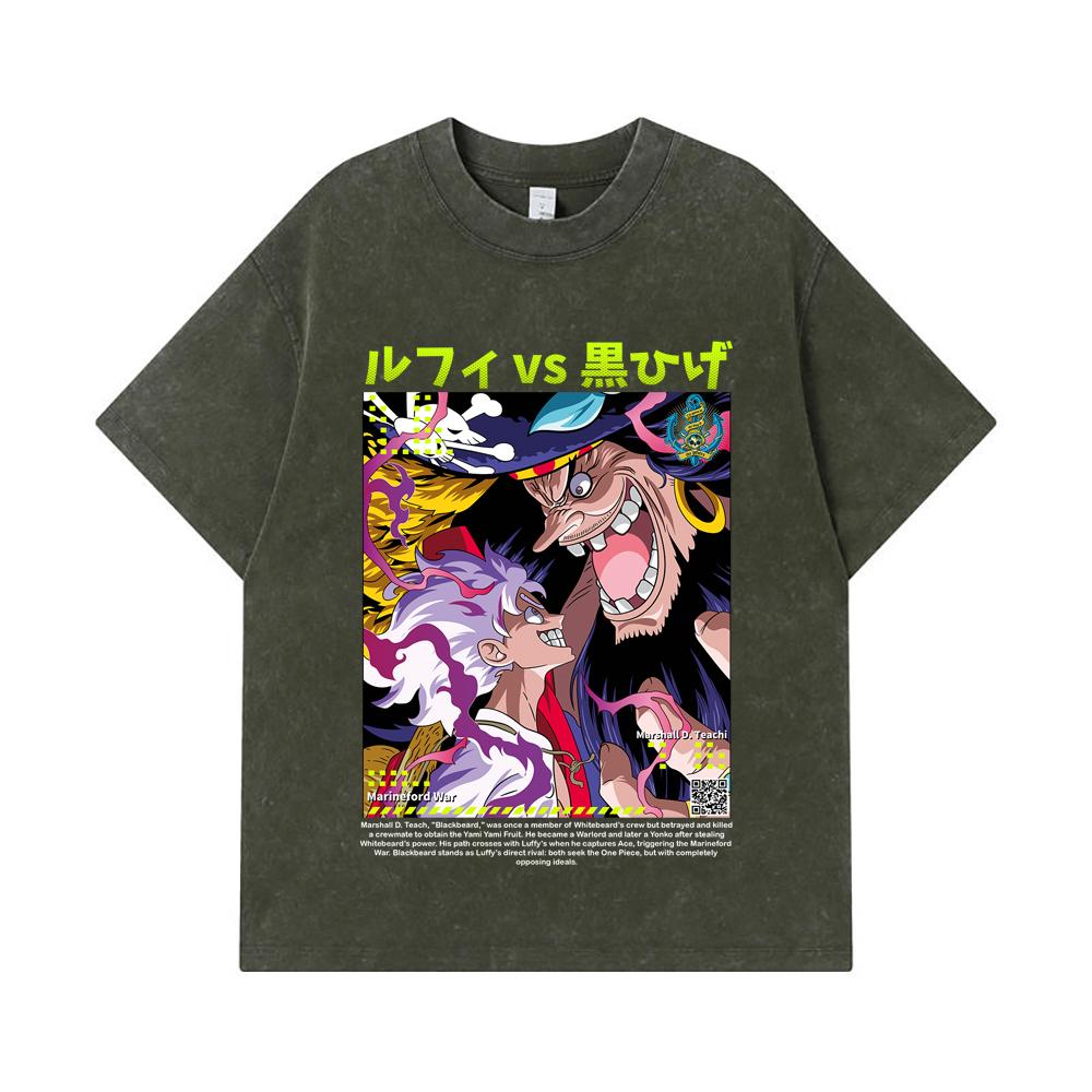 

275 GSM Washed T-shirts 100% Cotton One Piece V51 Luffy Blackbeard Print Unisex Heavy Cotton T Shirt S армия зеленый