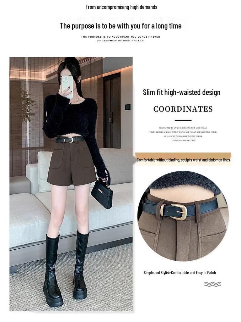 2024 High-Waisted Woolen A-Line Shorts for Women - Autumn/Winter Petite Coffee Tone Casual Bootcut Style.