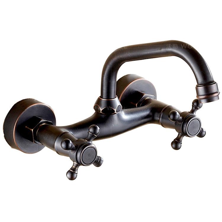 Antique Brass Wall Mounted Basin Faucets Bathroom Faucet Dual Handles Bathtub Hot Cold Water Mixer Tap