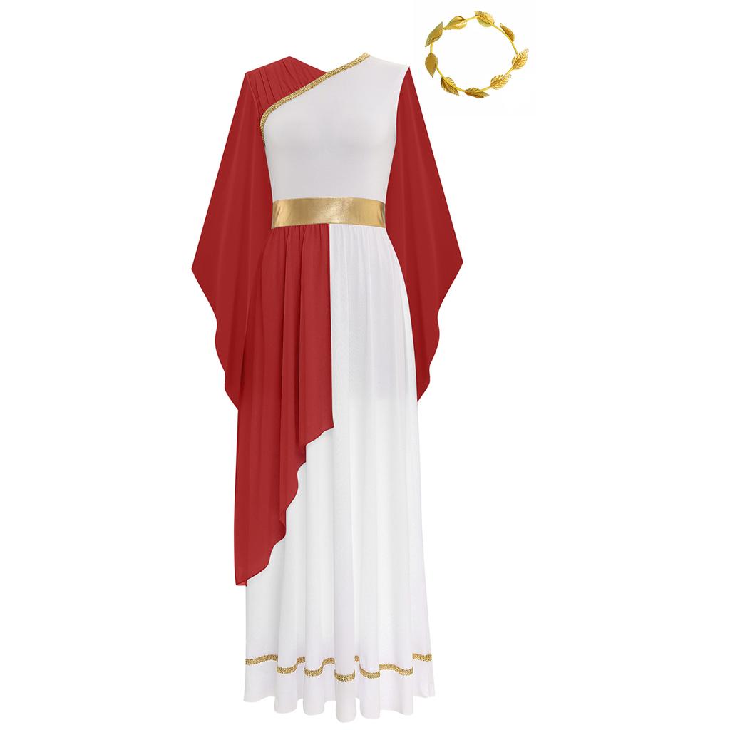 Damen Halloween Griechische Schönheits Kostüm Goldene Blätter Girlande Kopfschmuck Chiffon Kappenärmel Antikes Toga Kleid