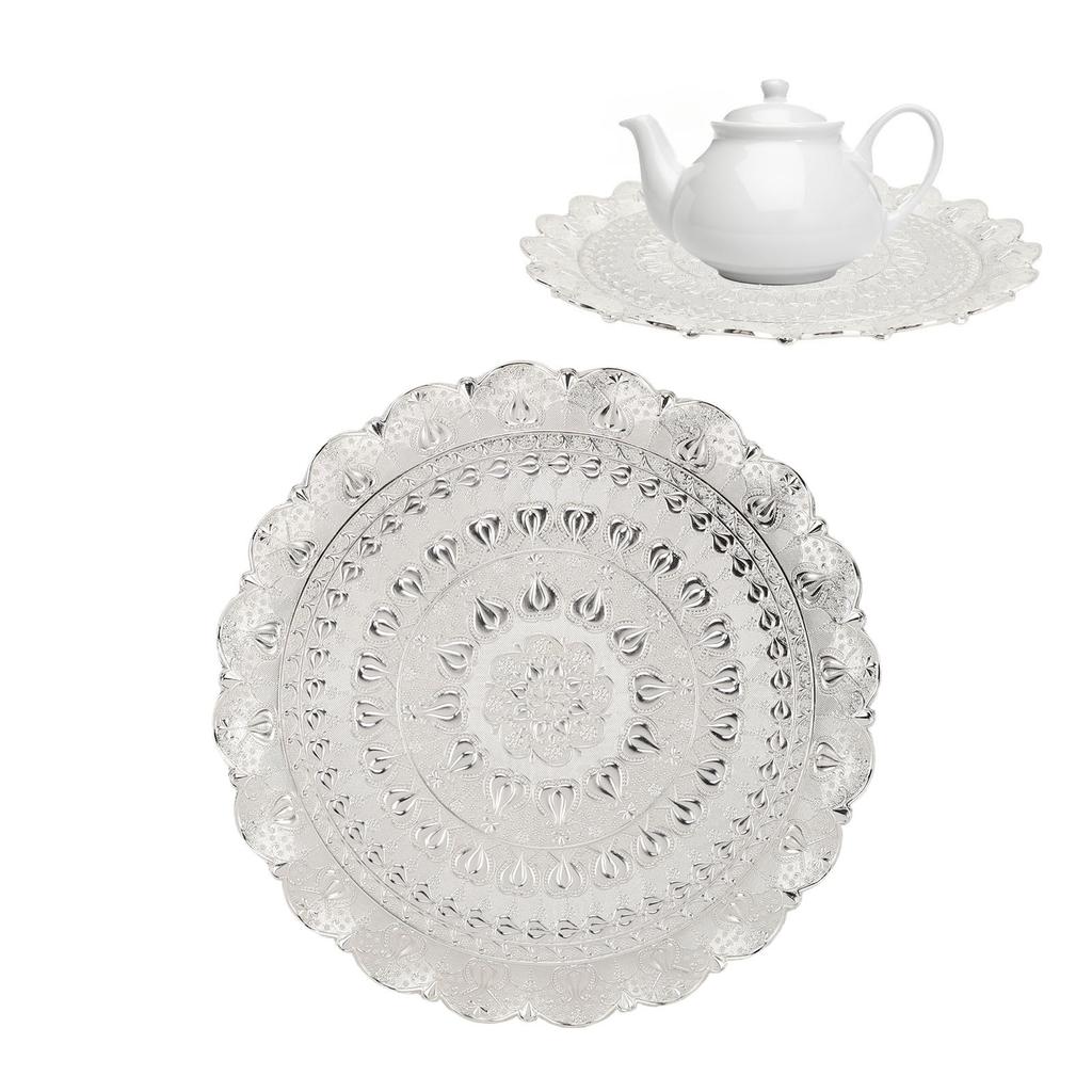 Turkish Tea Coffee Serving Tray Vintage   Embossed Pattern Round Coffee Plate for Bar Outdoor   Dessert