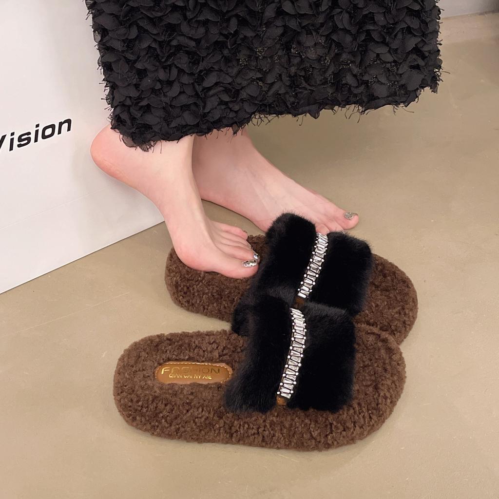 Mao Mao Slippers Women's Wear 2025 New Autumn and Winter Internet Celebrity Fashion Versatile Rhinestone Thick Bottom Velvet One-word Cotton Mop