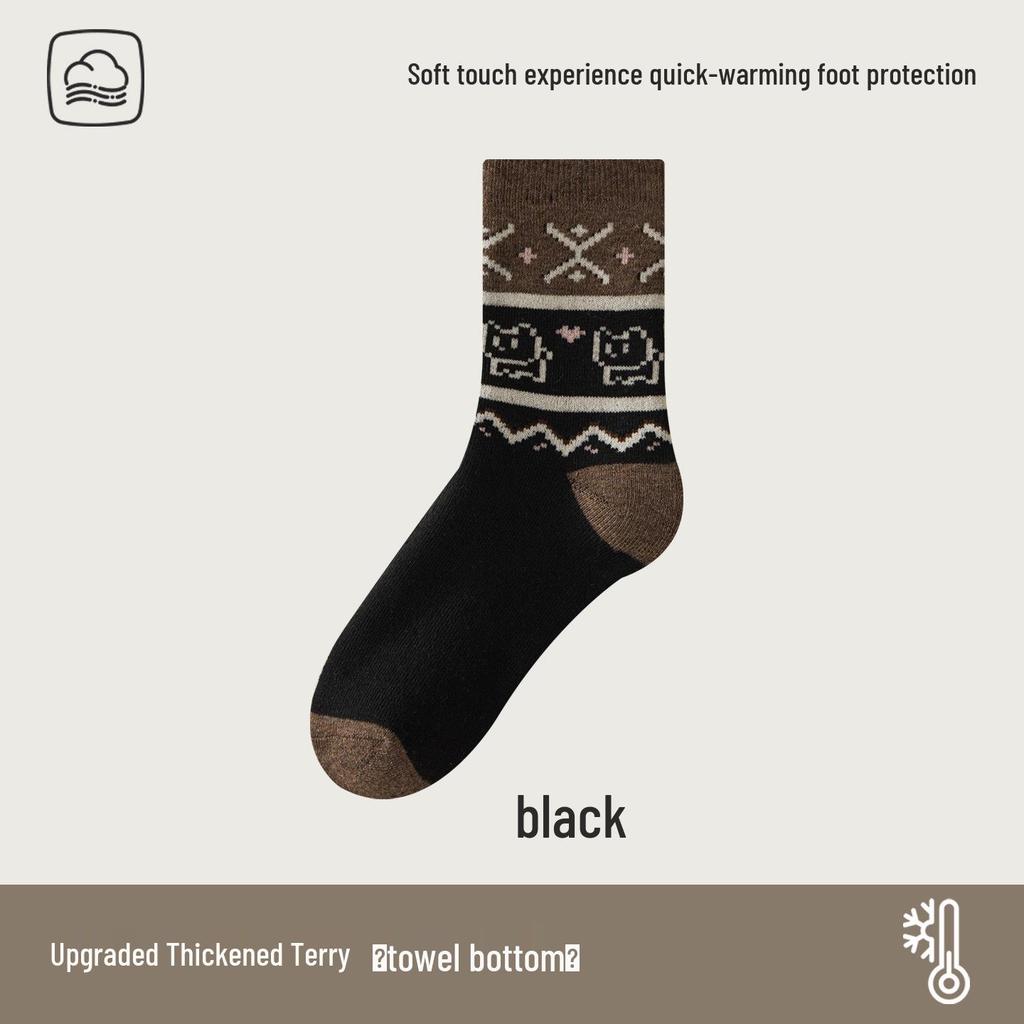 Women's Warm Fleece-Lined Fair Isle Socks - Thick Terry, Mid-Calf & Knee-High with Cartoon Design