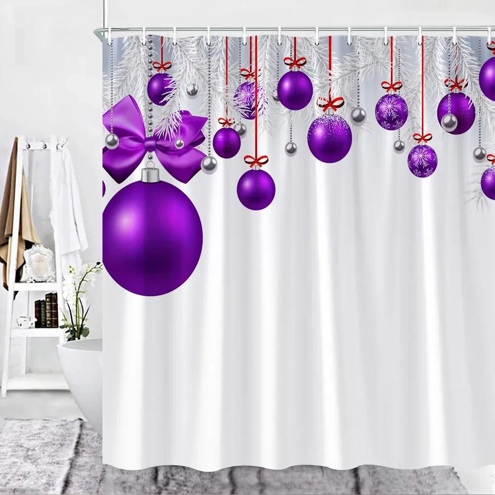 Christmas Shower Curtain Set Red Xmas Balls Fir Holidays Decor Fabric Hook Bathroom Curtains Accessories Sets For Made Of Polyester