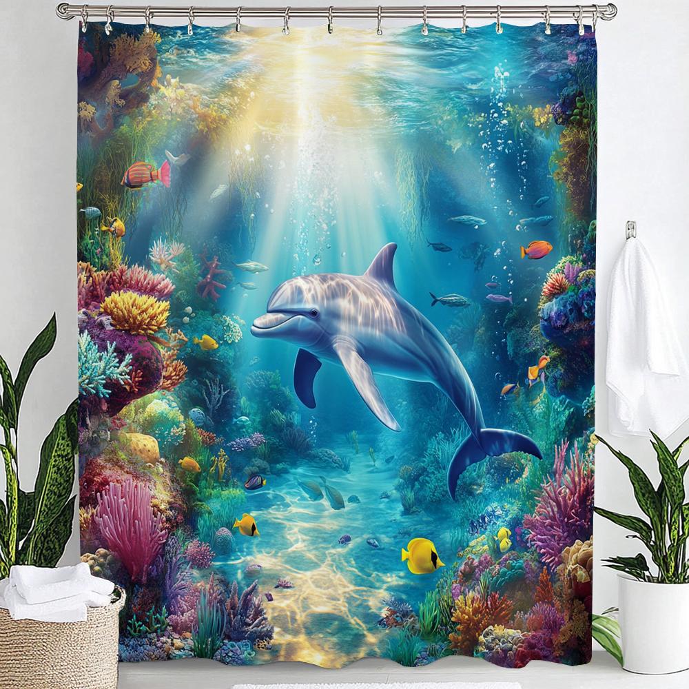Underwater World Printed Shower Curtain With Hooks, Dolphin Sea Turtle Fish Coral Underwater Cave Ocean Bathroom Decor Curtain