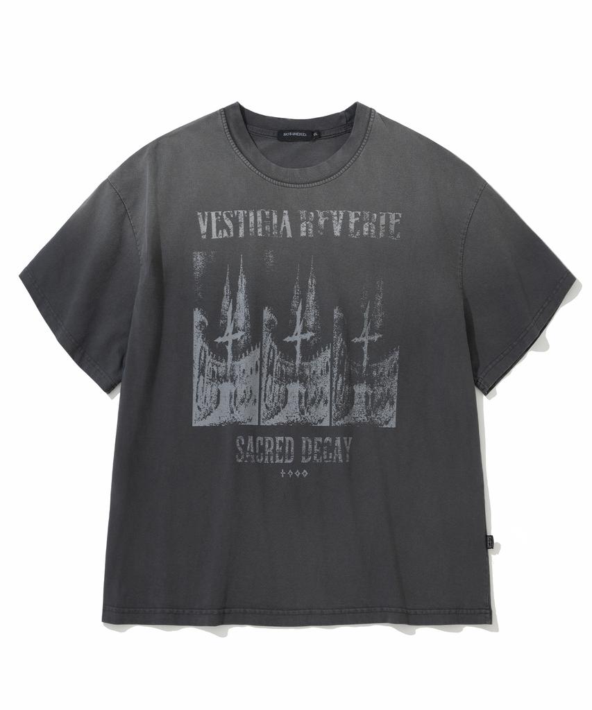 NOT4NERD Triple Sanctuary Bleach Washed Loose Cropped T-Shirts - Charcoal
