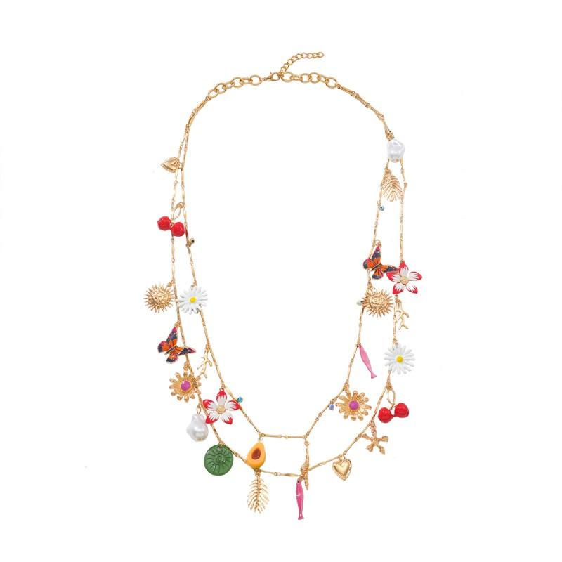Womens Layered Zinc Alloy Pendant Necklace With Heart Floral Leaf Butterfly Cherry Motifs Drip Paint Finish 81cm Length