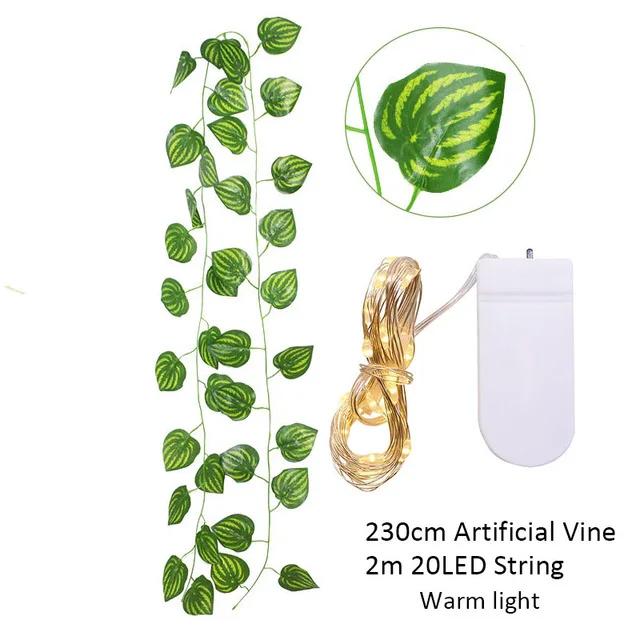 2.3m Fake Creeper Green Leaf Ivy Vine with 2m LED String Lights - Home Wedding Party Hanging Garland Artificial Flower
