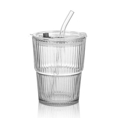 13OZ/400ML Ice Coffee Glass Tumbler, Thick Wall Water Glass Cup Mug Tea with Straw and Lid Sealed Carry On