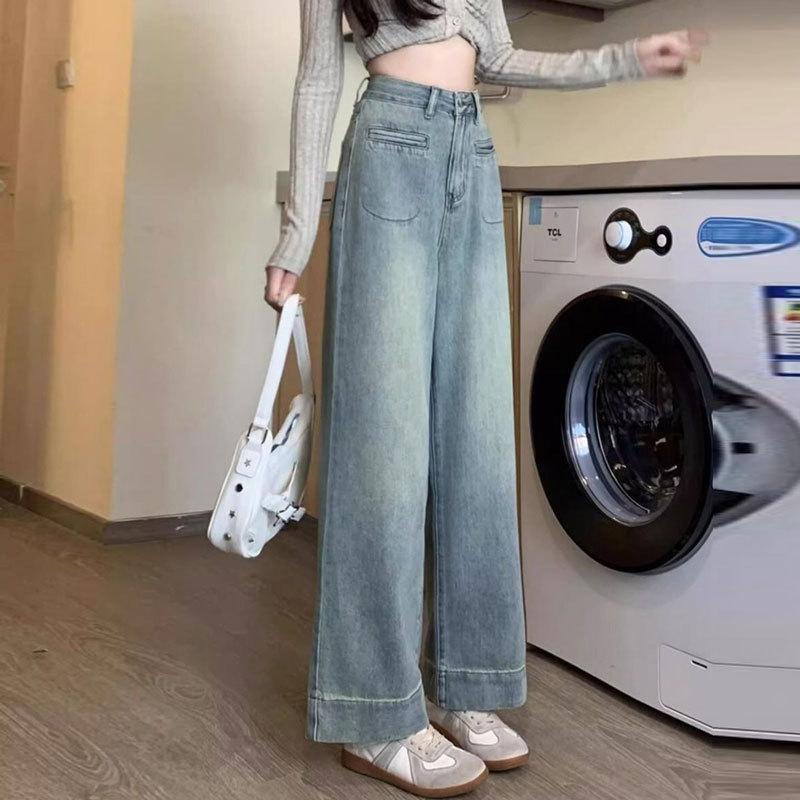 Large Size Wide Leg Jeans for Women Cropped Pants Loose High Waist Pocket Design Straight Leg Pants