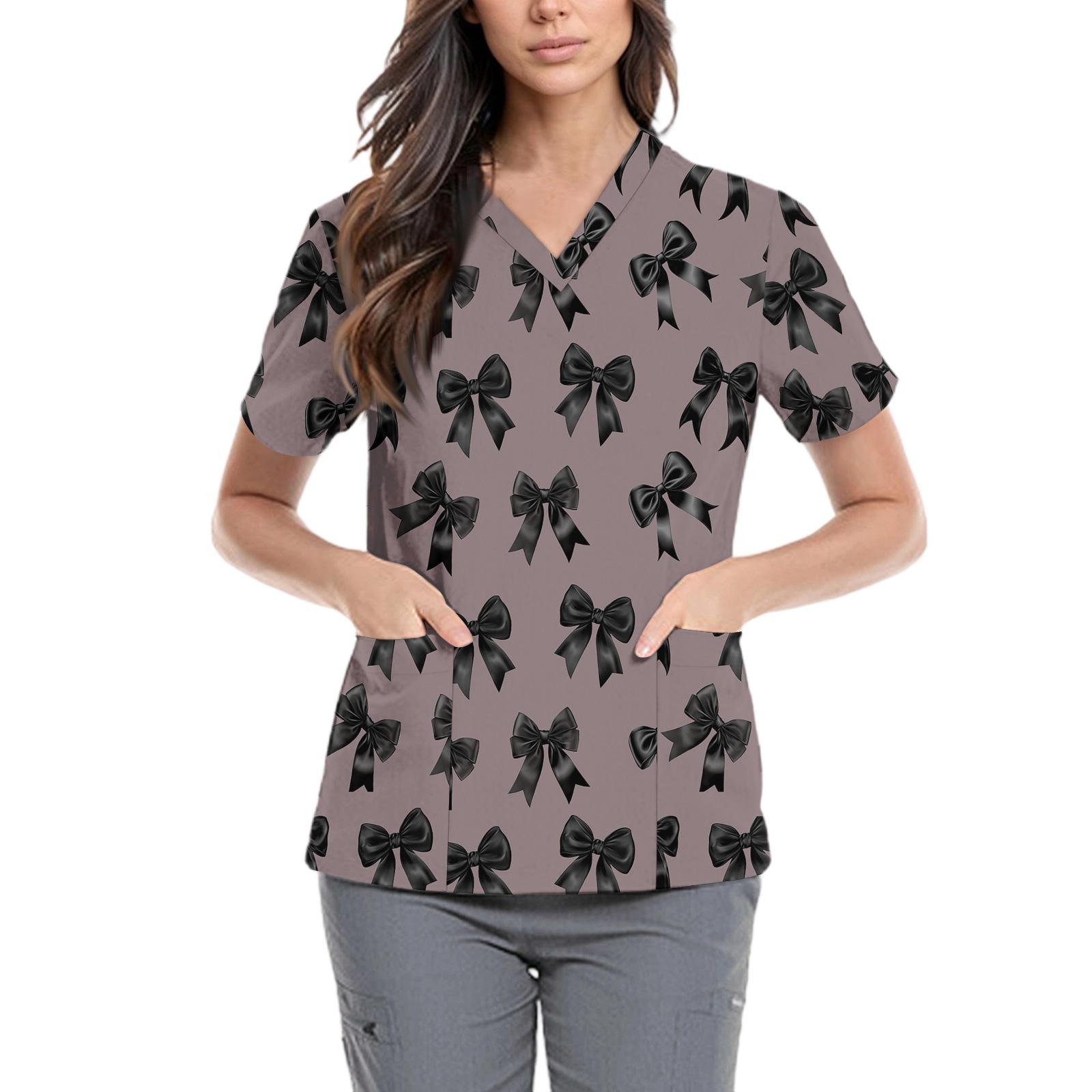 

Women s Cute Bow Printed Work Clothes V-neck Double Layer Pockets Basic Short Sleeve Top Pullover L світло-коричневого кольору