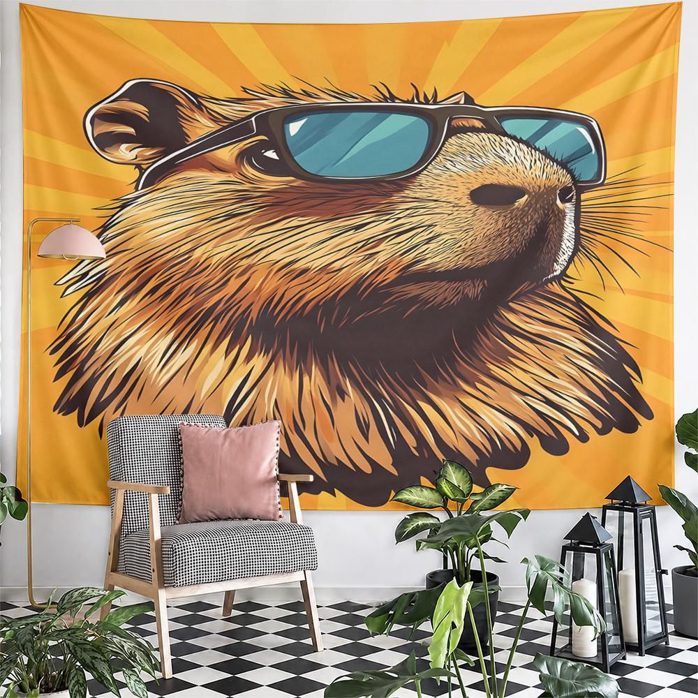 Cool Capybara with Sunglasses Pop Art Wall Tapestry Animal Portrait on Orange Sunburst Decor for Bedroom Dorm Room Gift