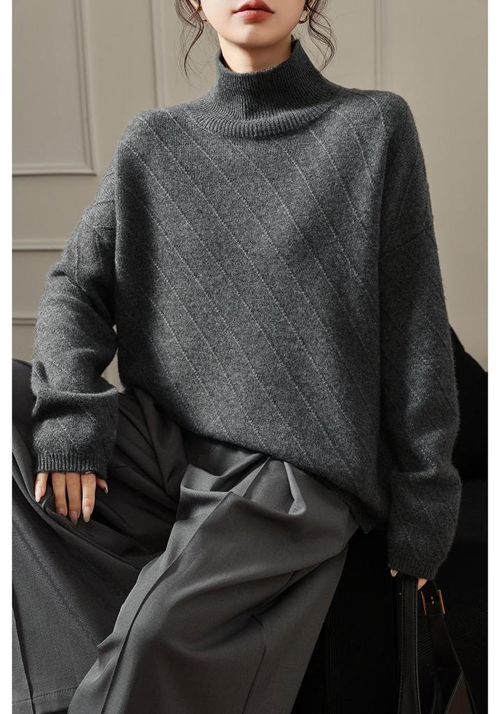 Women's High Neck Jacquard Wool Sweater - Thick, Loose Fit, Lazy Style