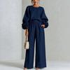 Women's new solid color round neck long-sleeved floral wide-leg pants loose casual suit two-piece set