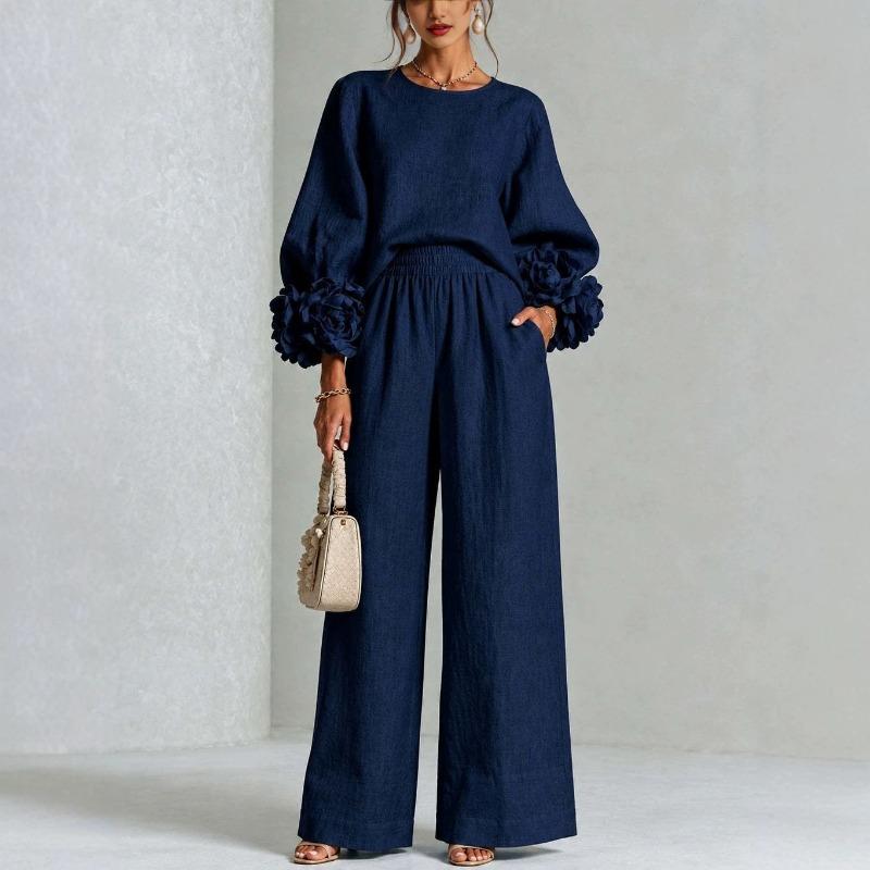 Women's new solid color round neck long-sleeved floral wide-leg pants loose casual suit two-piece set