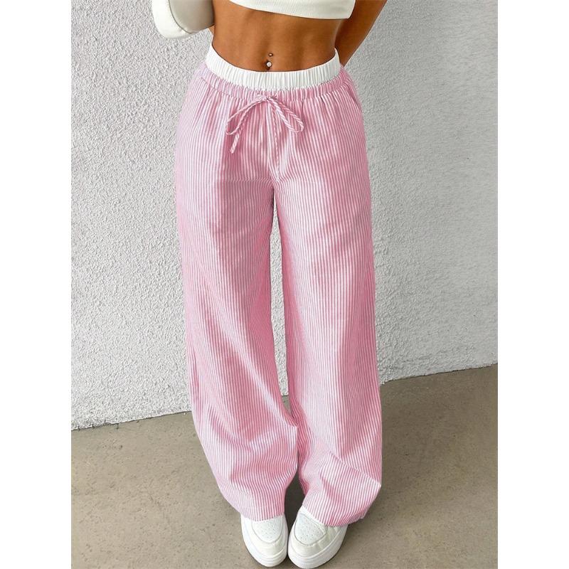 Women's Casual Striped Woven Wide Leg Pants Fall Winter 2024 Casual Stylish Full Length Trousers Y2K Clothes Streetwear