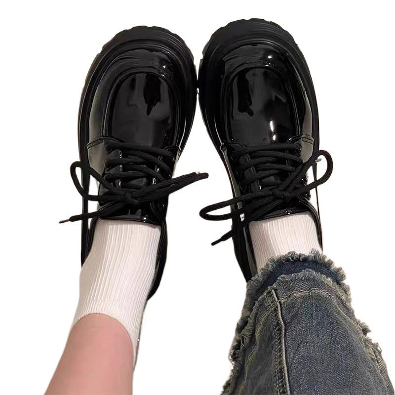 Black Platform Versatile Lace-up Small Leather Shoes for Women's 2025 Spring and Autumn New Retro British Style Loafer Single Shoes