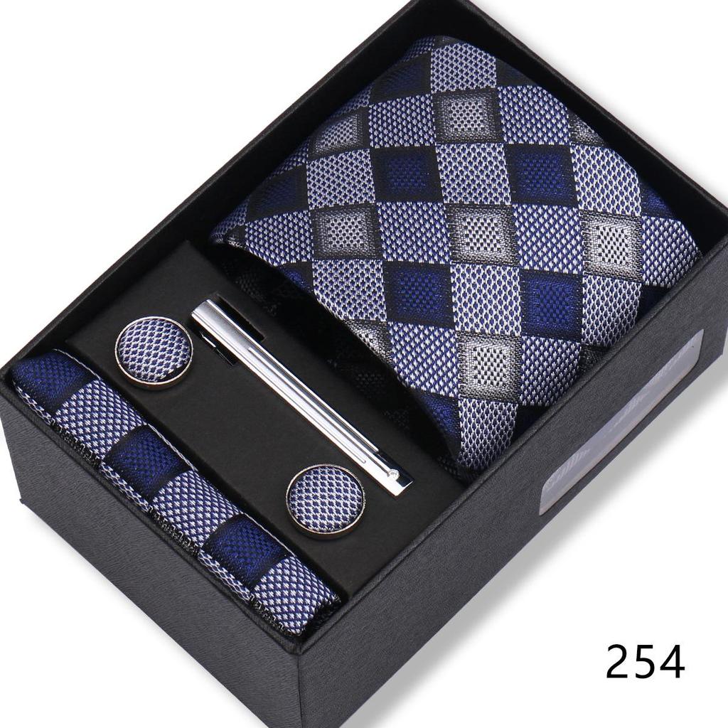 Men's Black & Wine Red Striped Plaid Tie Set with Pocket Square - Formal Wedding Gift Box