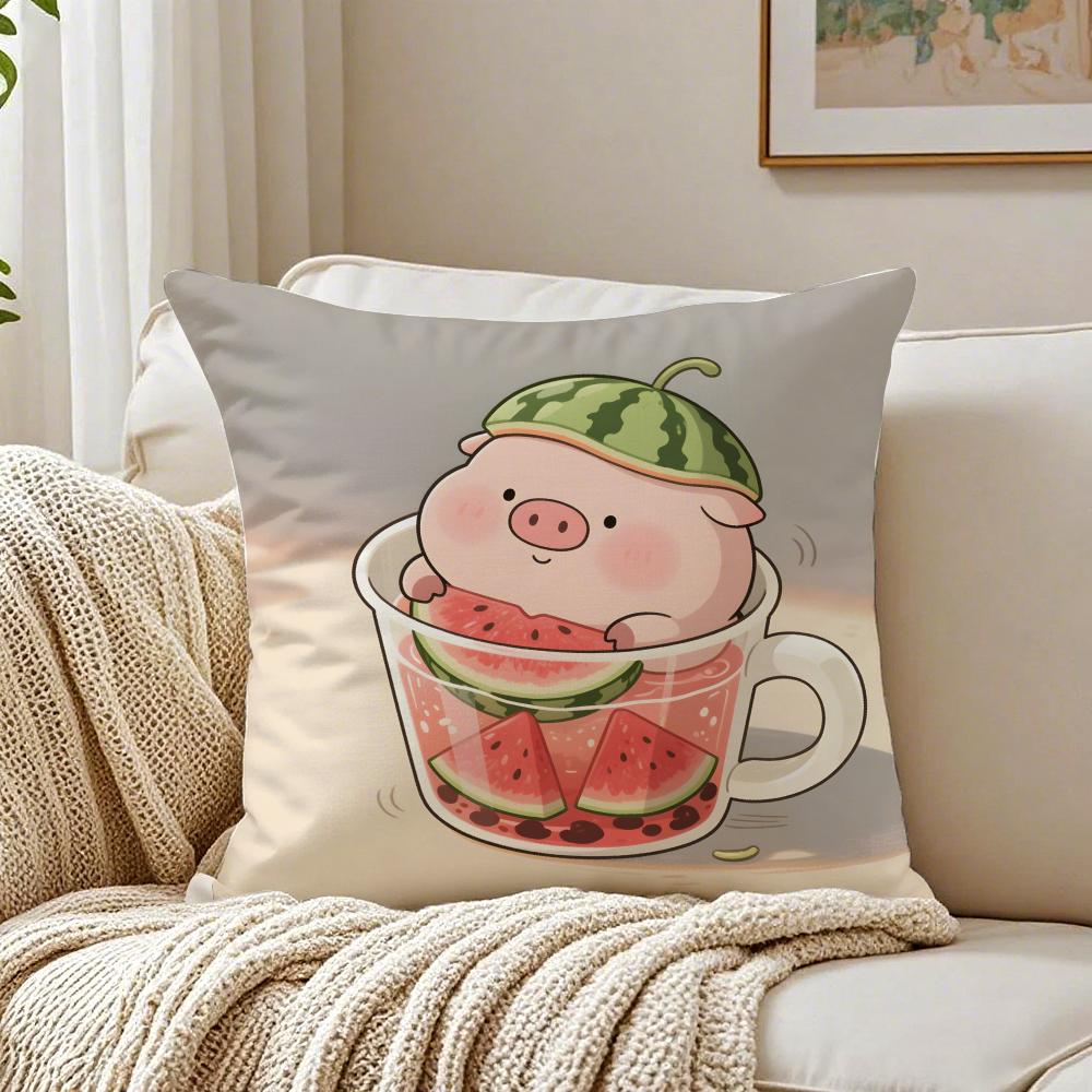 Cute Pig Summer Surprise Cushion Cover Linen Pillowcase Soft  for Sofa Bed Home Room Decor