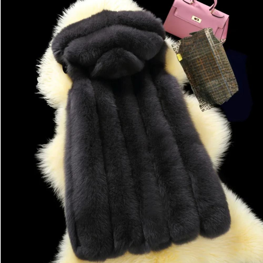 S-4XL Winter Warm Striped Faux Fox Fur Thick Overcoat Women Casual Long Vest Female Open Stitch Cardigan With Hat Slim Coat