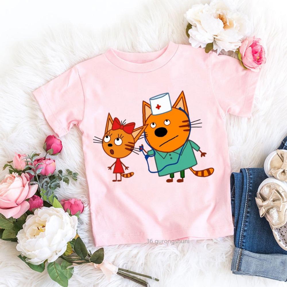 Tres Gatitos Dibujos Animados Ropa para Niños Camiseta para Niñas/Niños Linda Harajuku Camiseta Infantil Tops Verano Camiseta Casual Ropa para Niños Pequeños