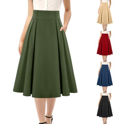 Jupe Midi Taille Haute Coupe A Ligne pour Femmes avec Détail Bouton et Poches Latérales Design Évasé Plissé pour un Usage Quotidien