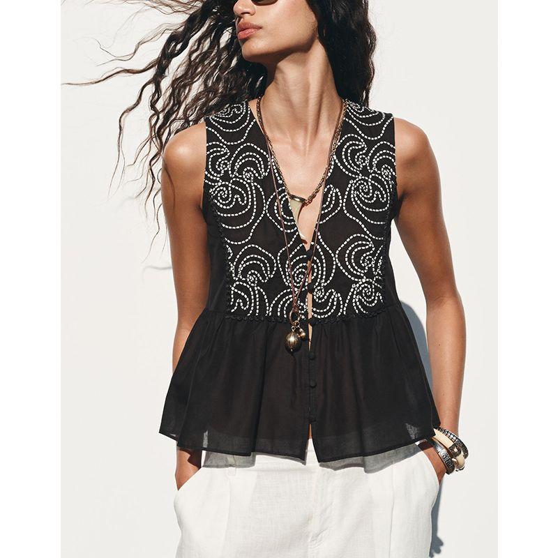 Summer New Product Women's Clothes Minimalist Easiest for Match Seaside Vacation Style Lace Embroidered V-neck Sleeveless Shirt 3666075