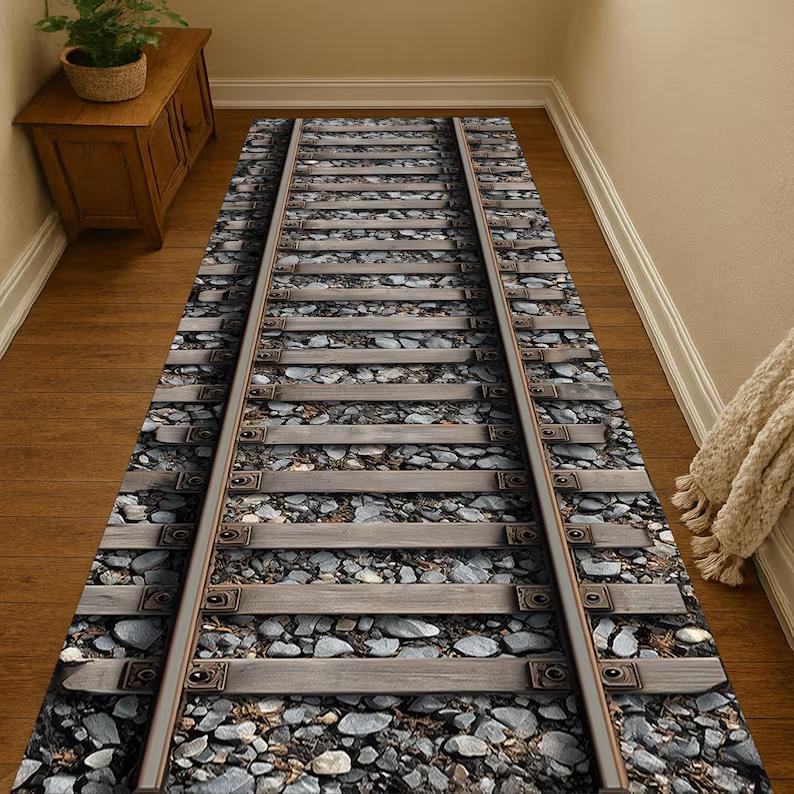 3D Treinrails Tapijt Mat Kleed Realistisch Spoorwegpatroon Antislip Woondecoratie voor Woonkamer Slaapkamer Woonkamer Decoratie 40x120cm(16x47in) black