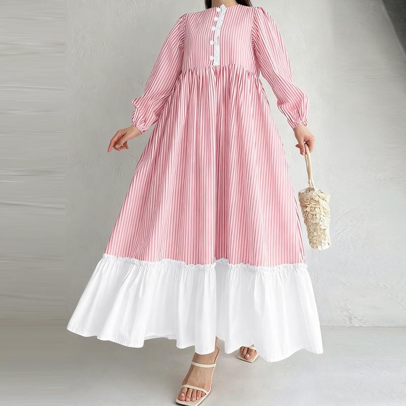 ZANZEA Women Stripe Print Loose Casual Long Sleeve Splice Long Dress