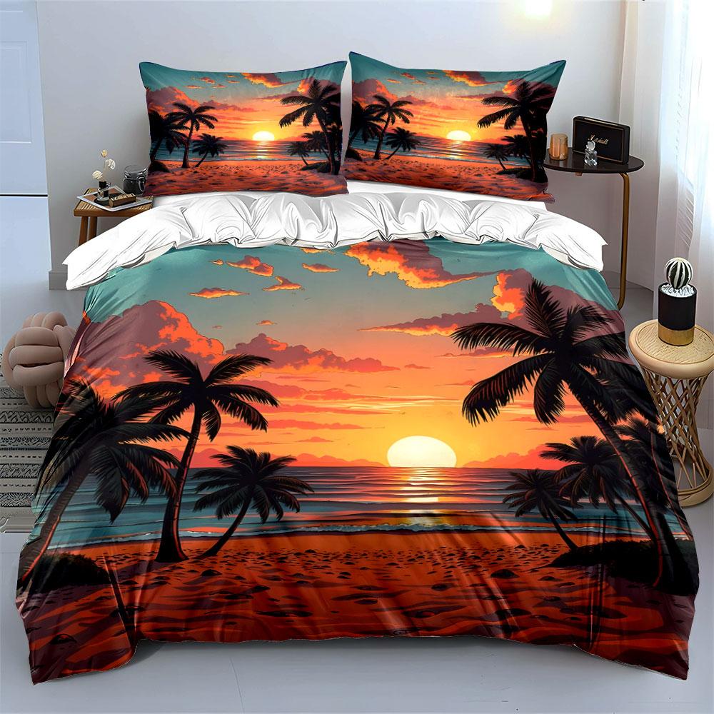 Sunset Beach With Palm Trees Print Bedding Set 1 Duvet Cover 2 Pillowcases For Adult And Children Luxury Gift Full Size