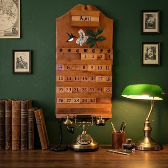 Calendario Perpetuo Vintage in Legno Fatto a Mano Calendario Riutilizzabile da Parete con Blocchi Intercambiabili Design Rustico Colibrì Floreale Decorazione per la Casa