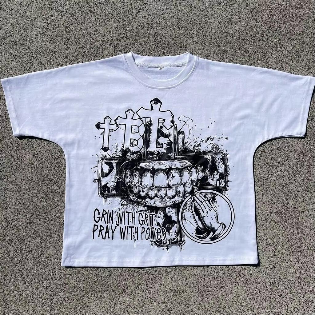 American Gothic Fashion Personalized Street Art Ink Spoofed Graffiti Oversized Print T-shirt Men's Loose Casual Daily Wear Top