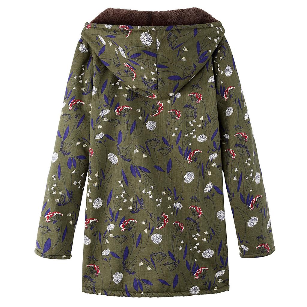 Womens Winter Warm Outwear Floral Print Hooded Pockets Vintage Oversize Coats