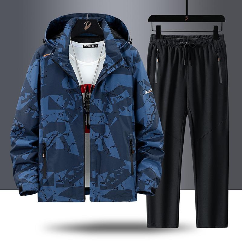 

Men s Long Sleeve Zipper Cardigan Hooded Jacket Elastic High Waist Trousers Casual Sports Suit M синий