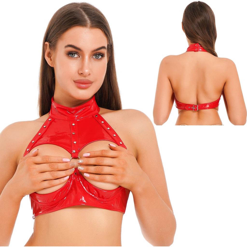 Womens Open Cup Underwired Bra Crop Top Backless Vest Wet Look Patent Leather Camisole Tops Clubwear
