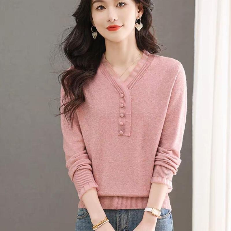Stickad tröja med spetskant för kvinnor, snygg V-ringning, moderiktigt temperament, enfärgad basplaggströja, vårhöst, ny stil