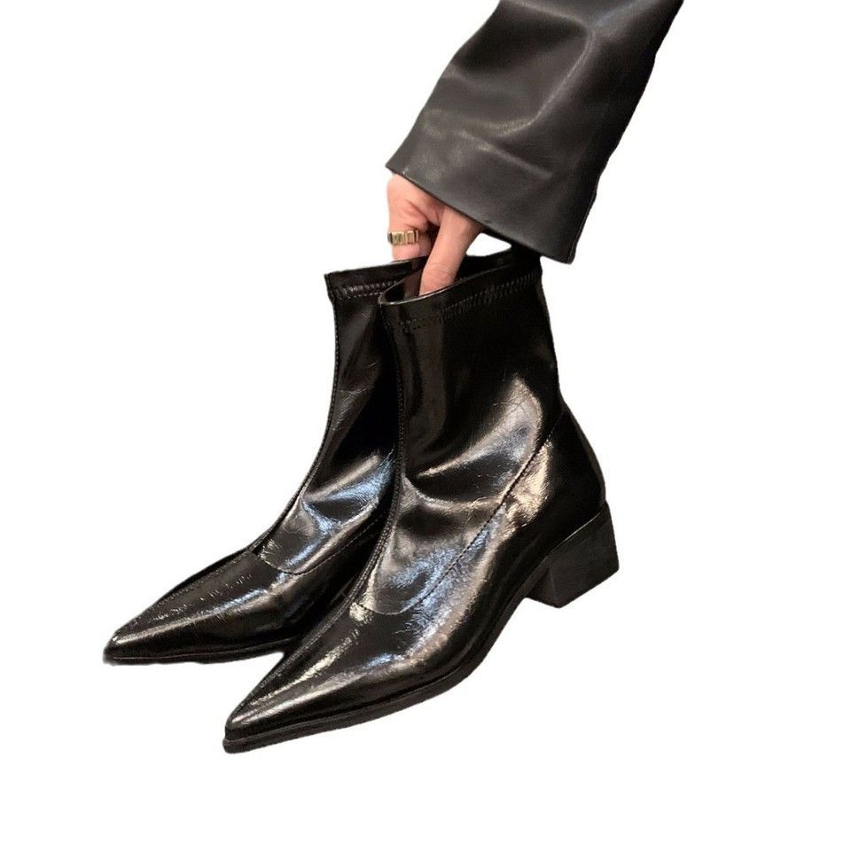 Korean small bare boots, black pointed short boots, women's shoes 2025 new models, super autumn and winter foreign thick heel thin boots