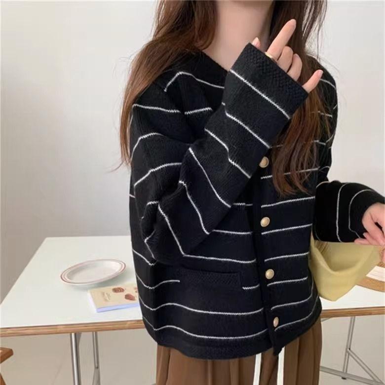 

Французский полосатый вязаный кардиган женский зимний свободный верхняя одежда с круглым вырезом винтажный свитер-пальто L чёрный