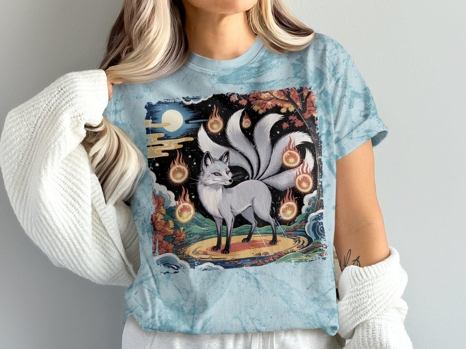 Kawaii Nine-Tailed Fox T-Shirt, Mythical Creature Tee, Japanese Fantasy Graphic Tee, Unique Kitsune Shirt, Gift for Anime Fans 2XL