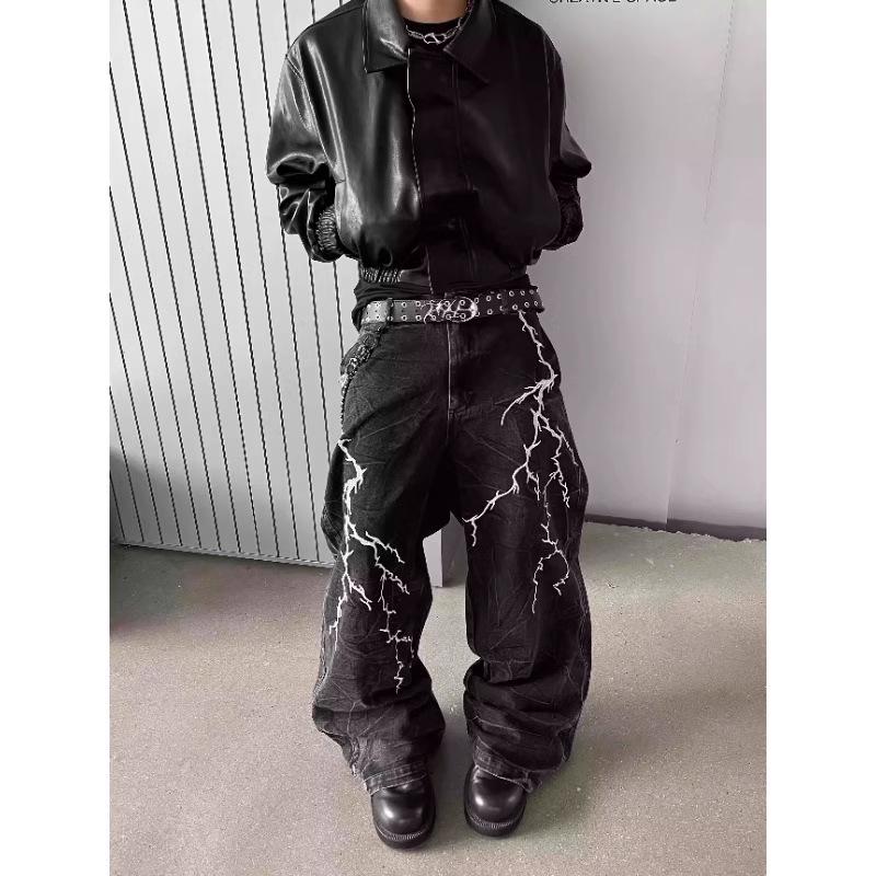 Amerikanische High Street Yabi Stil Dorn Blitz Stickerei Weite Hosen für Männer Nische Hip-Hop Locker Gerade Hosen Schlaghosen
