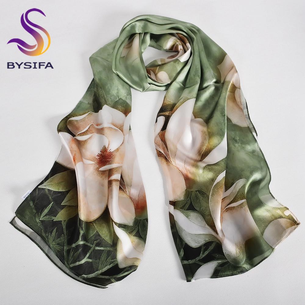 BYSIFA|Green White Silk Scarf Cape Printed Winter Elegant Lotus Design Long Scarves Shawls Fashion Brand Head Neck Scarves Wraps
