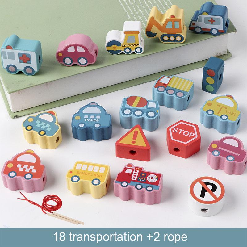 Kids Montessori Wooden Lacing Toy DIY Wooden Beads For Children Cartoon Animals Fruit Letter Digital Beads Threading Toys Gifts