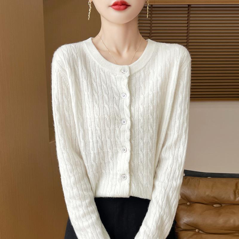 Podzimní dámské pletené zboží Kulatý výstřih Kroucený kardigan Svetr Bunda