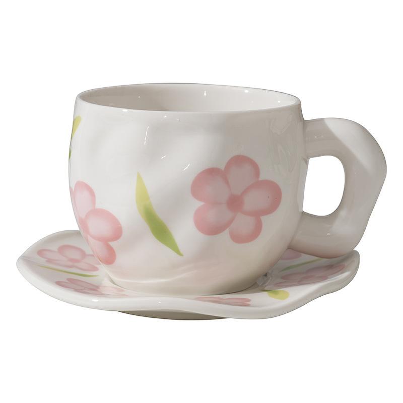 Korean ins style, hand-painted flower handmade ceramic coffee cup, ceramic milk coffee cup and saucer set