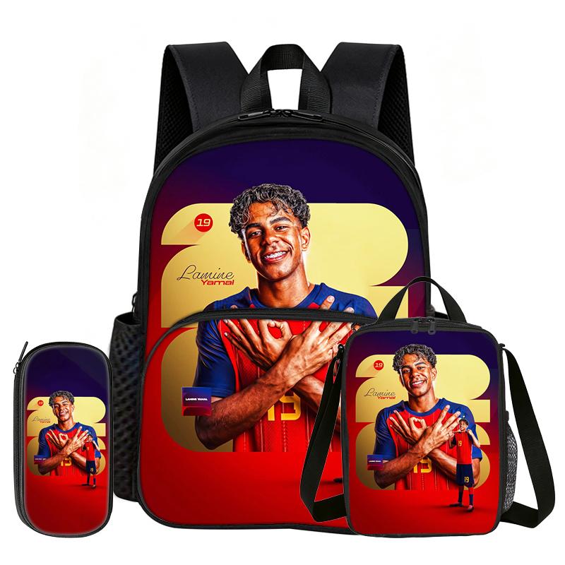 Learn, Travel Football Star School Bag L-Lamin Yamal 3 Pcs Set with Front Pocket Backpack Lunch Bag, Pencil Case, Sport Rucksack