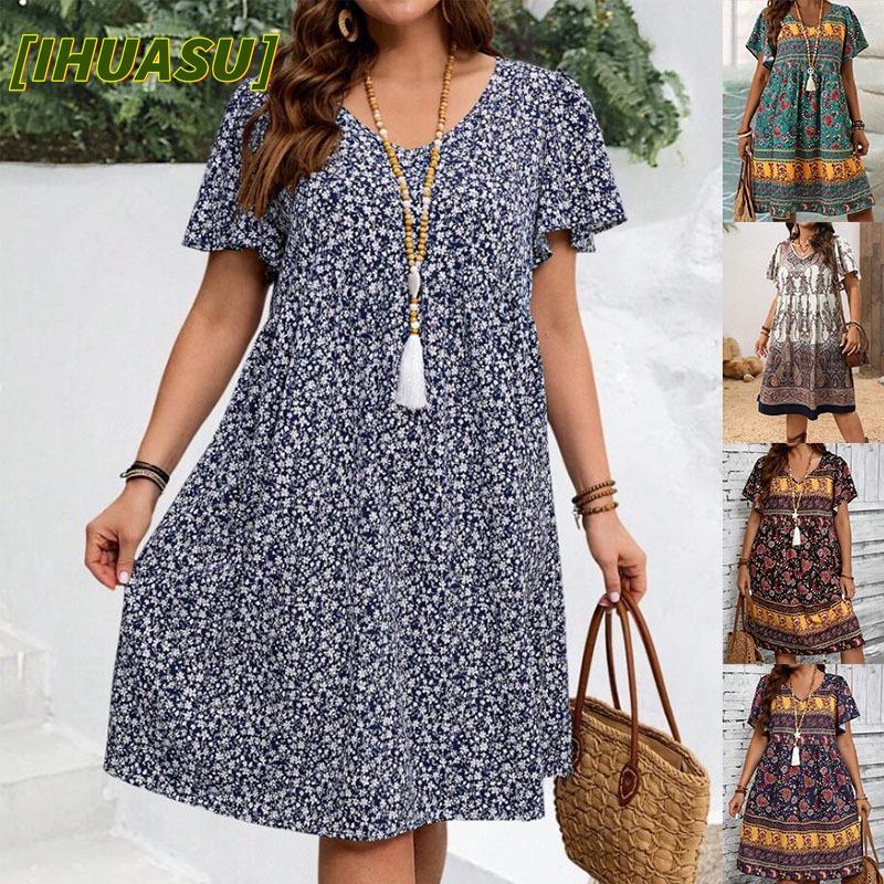 IHUASU Fashion Summer Spring Short Sleeve O-Neck Casual Dresses