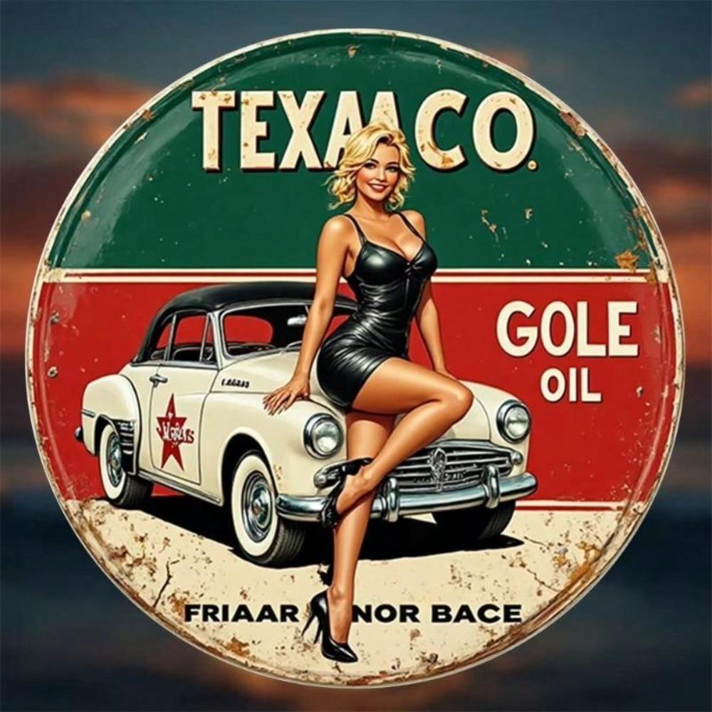 Retro Texaco Oil Metal Tin Sign Wall Decor Aluminum Round Wall Art Vintage 8 Inch