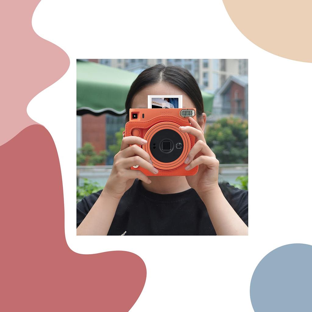 HIYQIN Instax Case, FUJIFILM Instax SQUARE SQ1 Camera Bag, Protective Camera Case with Shoulder Strap, PU Leather (Orange)