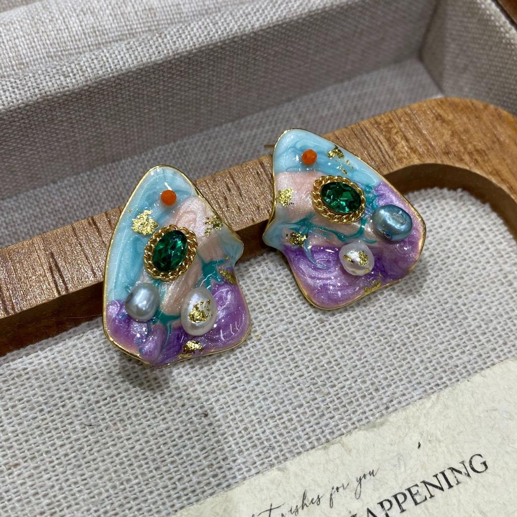 Freshwater Dripping Oil Flower Fritillary Stud Earrings French Fashion Light Luxury Temperament Earrings Light Luxury High Sense Oil Painting Earrings