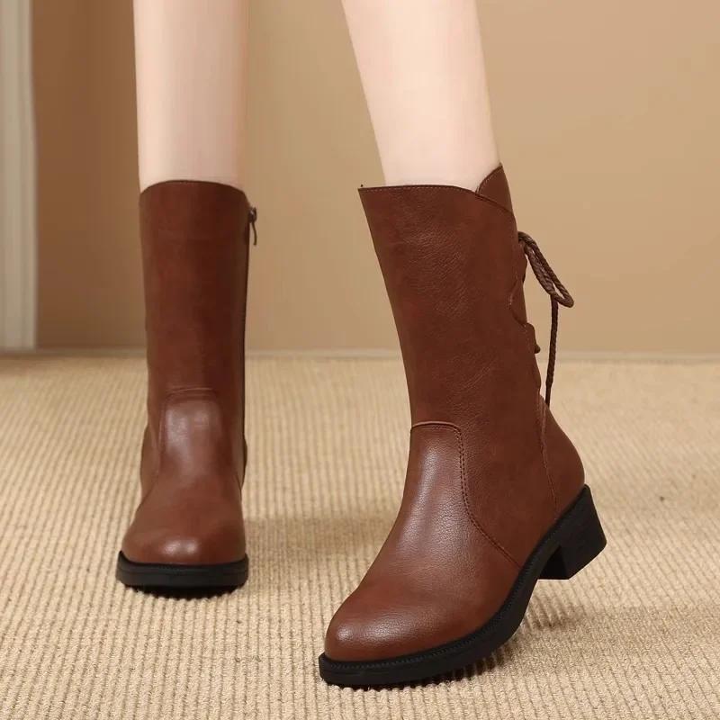 2024 New Women's Low-heeled Knight Boots Trendy Pointed Toe Casual Lace-up Design Motorcycle Boots PU Retro Street Fashion Boots